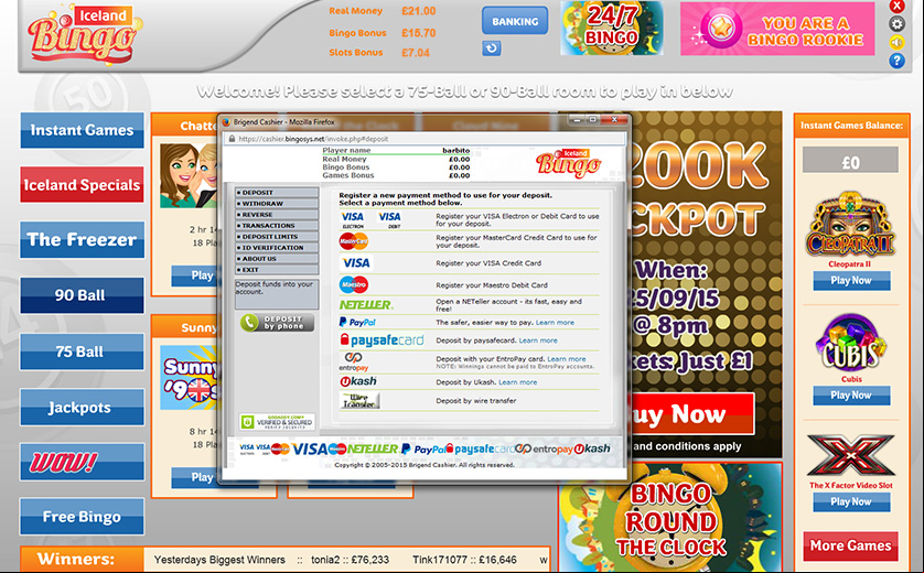The Cashier tab at the website of Iceland Bingo, large view